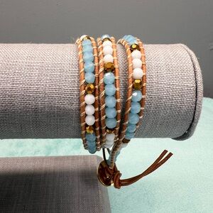 Chic Beaded Leather Wrap Bracelet with Blue and Gold Accents